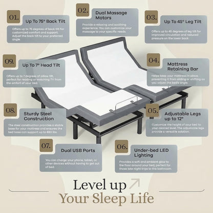 Classic plus (With Head-Tilt) Adjustable Bed Base (Frame) + 14 Inch Hybrid Spring Matt (Medium Soft), Head and Foot Lift, Massage, Under-Bed Lights, USB, Memory, Zero Gravity - King